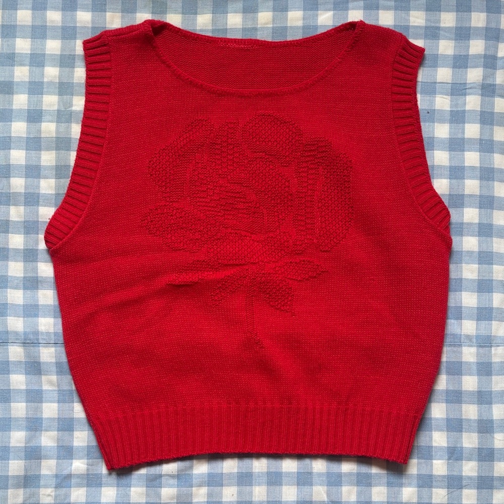 Vintage Red Knit Rose Motif Sweater Vest
